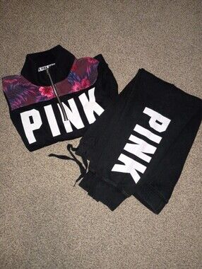 PINK VICTORIA SECRET Black Sweatshirt & Jogger Set with Floral Accent